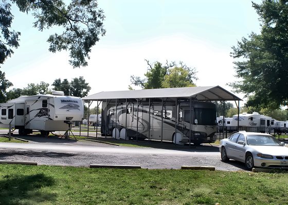 Motorhome parked at a covered RV site